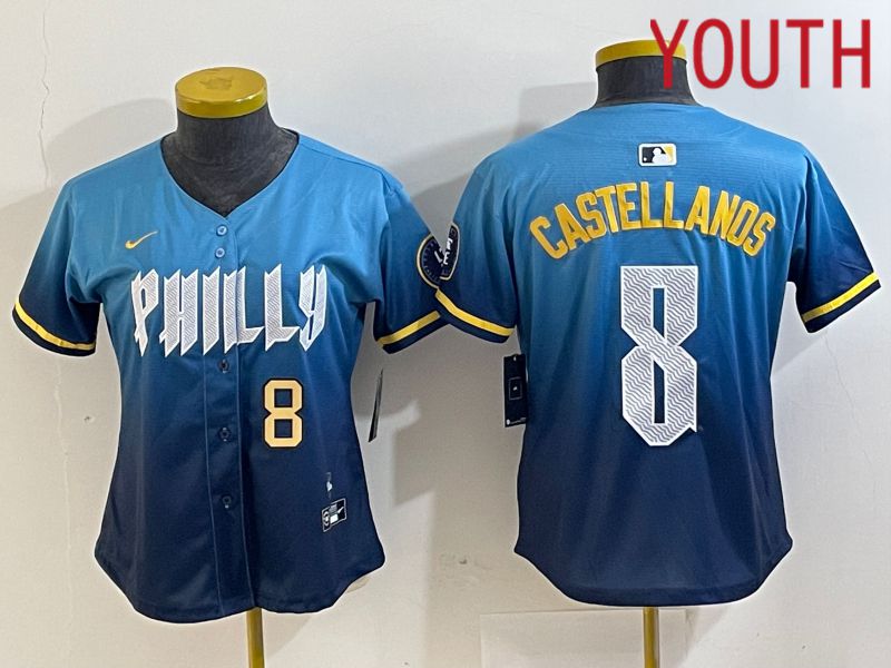 Youth Philadelphia Phillies #8 Castellanos Blue City Edition Nike 2024 MLB Jersey style 3